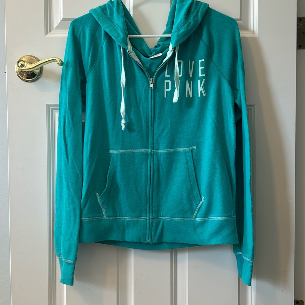 PINK teal/turquoise hooded zip up sweatshirt